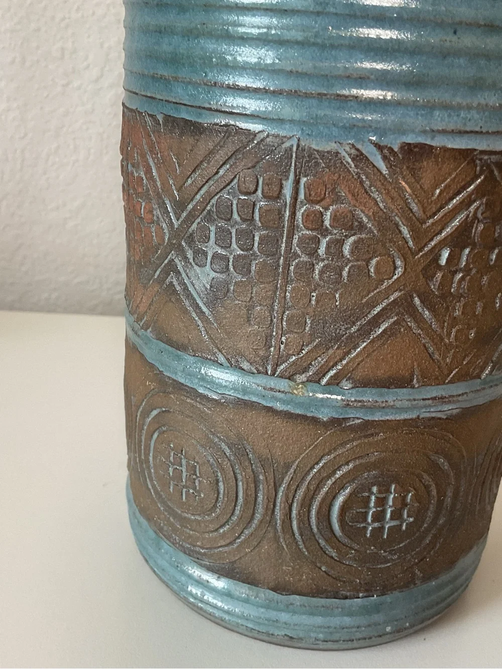 Textured Blue and Brown Decorative Ceramic Vase, made in Cameroon